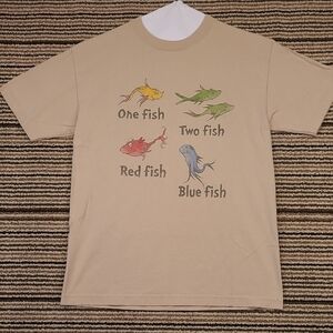 Dr Seuss x AAA One Fish Two Fish Tan Beige‎ Cotton T Shirt Medium VTG 2001 Y2K